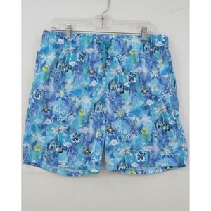 Bugatchi Mens XL Blue Tropical Flamingo Palm Tree Print Mesh Lined Swim Trunks